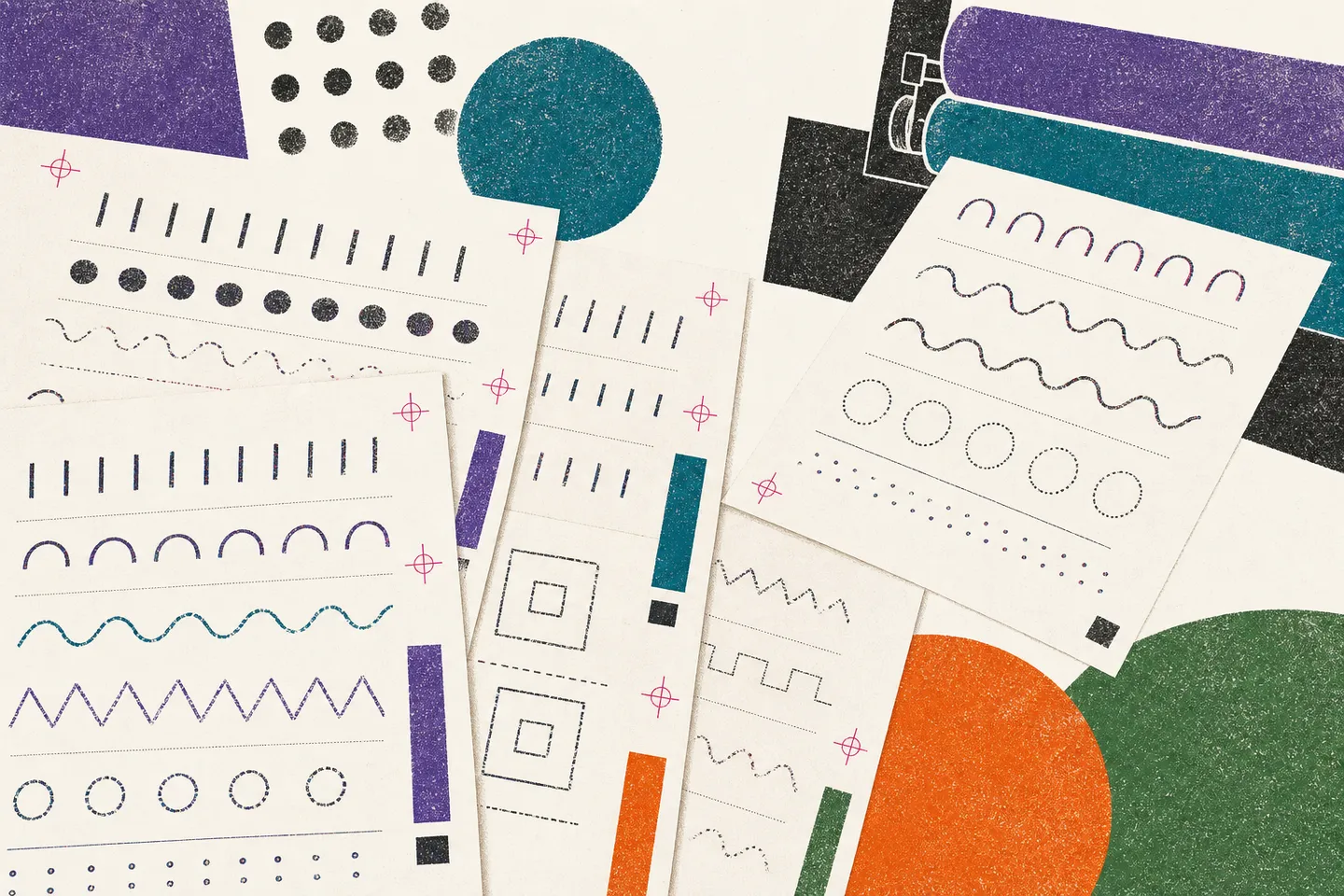 Printable learning sheets arranged beside a risograph press and five spot inks