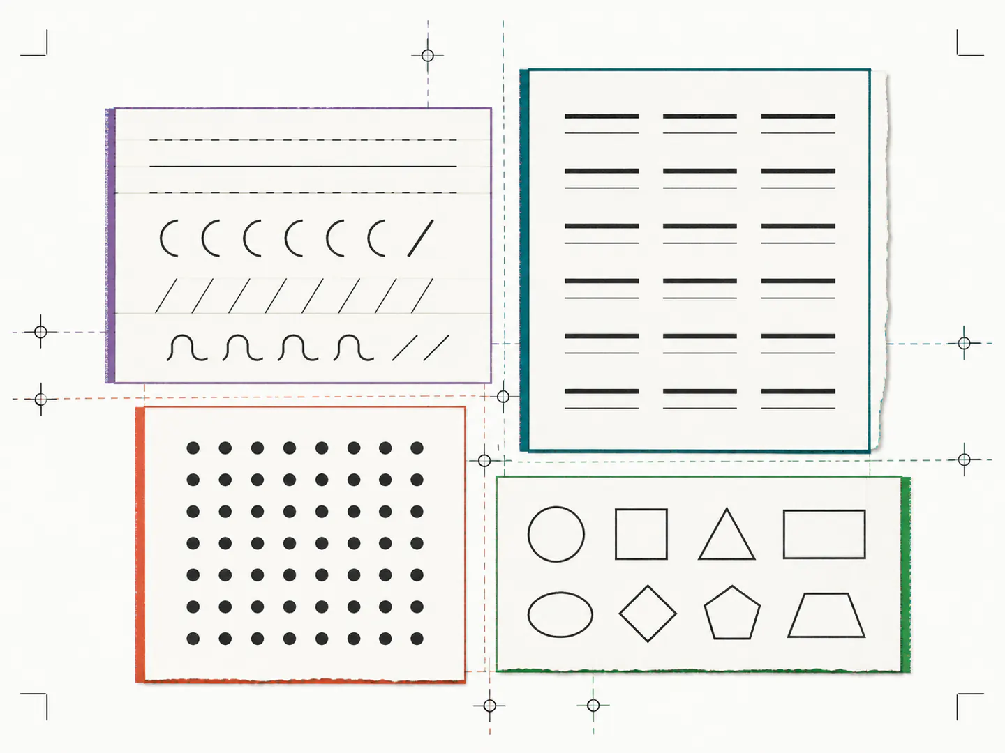 Four print compartments holding tracing, word, multiplication and shape worksheet patterns